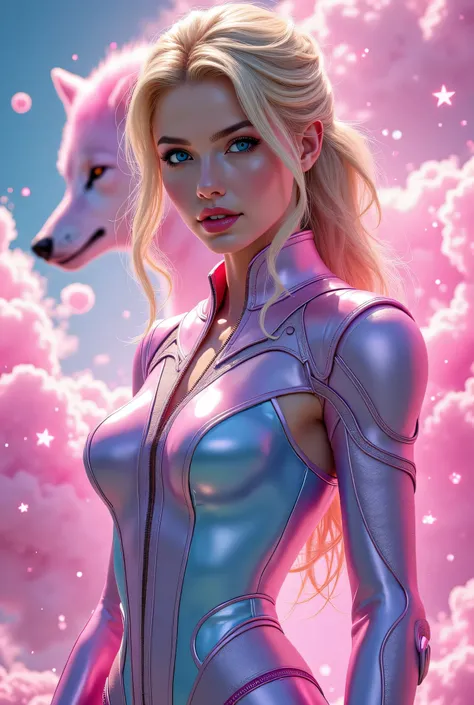 “Portrait. A Teleporting Powered 25-year-old white female Witch in a bubblegum-pink and sky-blue outfit with silver and pink metal details. Holographic pink clouds with sparkling blue inclusions aura surround her. Long, Wavy, Blonde hair held back in a pon...