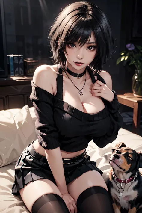 Girl, woman, emo_hairstyle, black lipstick, necklace, dog collar, eyeliner, eye shadow, smoky eyes, realistic lighting, short hair, shiny skin, big breast, sweater midriff, off shoulder, thighhighs. cleavage, short skirt.