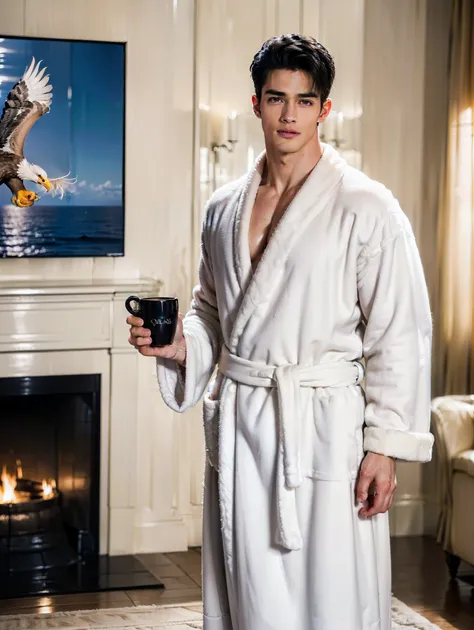 ((Perfect Photo of the Man's VOGUE)), ((Morning)) ((Wearing fluffy-Bath-Robe, Standing, holding a mugcup of Coffee )), ((Front-Shot)), Perfect-Hands, Perfect-Big-Hands, (All back hair that is firmly stroked on the back of the head),(((Ocean-View Living Roo...