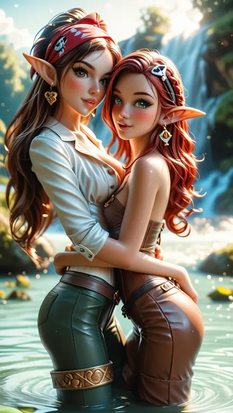 Masterpiece, Dainty elf adventurer , long auburn hair , black eyes with mascara, elegant suggestive pose shows the perfect shape of her butt, slim figure, small teardrop shaped breasts , slightly opened plumped lips, sweaty, looking back, ((tight-fittin...