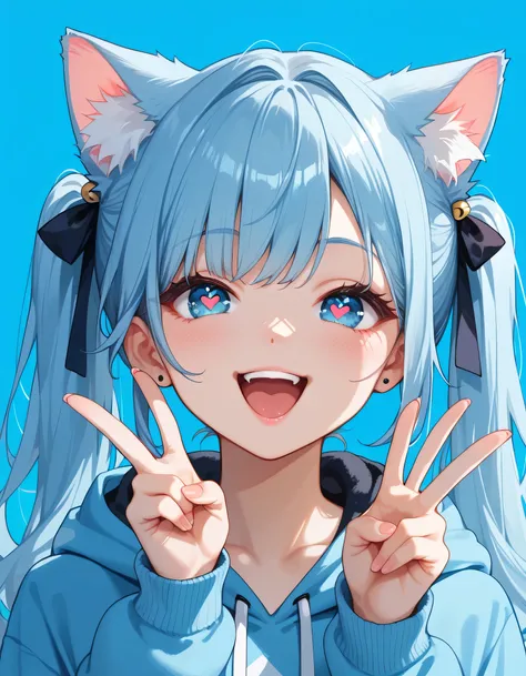 score_9, score_8_up, score_7_up, 1 girl, cat girl, cat ears, animal ears , long hair, twin tails, Light blue hair, blue eyes, hoodie, v sign, heart-shaped pupils, open mouth, happy , smile, close up, simple background, blue background