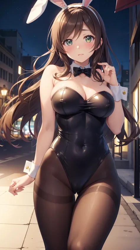 nozomitoujou, nozomi toujou, green eyes, beautiful detailed eyes, brown hair, curly hair, large breasts, masterpiece, best quality, high resolution, detailed CG, messy hair, blushing, glossy lips, city street, night, bunny ears, strapless leotard, detached...