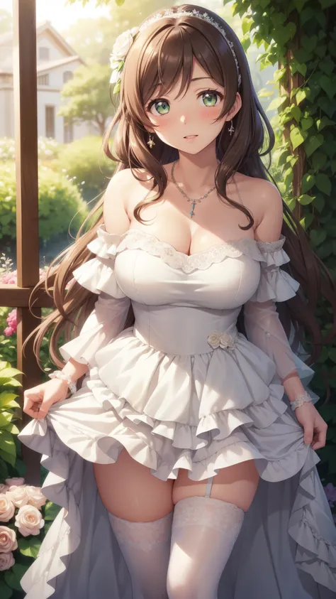 nozomitoujou, nozomi toujou, green eyes, beautiful detailed eyes, brown hair, curly hair, large breasts, masterpiece, best quality, high resolution, detailed CG, messy hair, blushing, glossy lips, garden, layered wedding dress, off the shoulder, necklace, ...