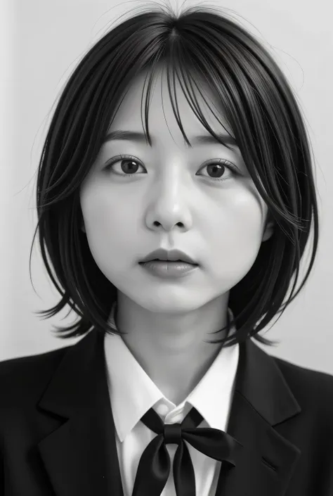  black and white photo of a retro female student ,  by Nomi, Beautiful Japanese woman's face, extra close-up:1.8,  Closeup Photos of Faces ,  facing straight to camera  :1.37, Black and White Photography:1.37, Black and White Photography:1.37,  by Nomi, Ve...