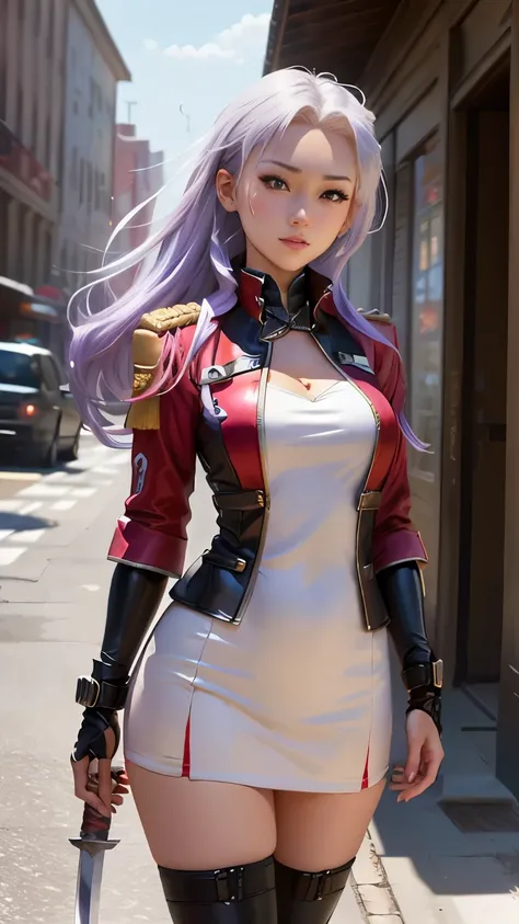 A woman in a red dress has a miniskirt, Red miniskirt uniform , White panties are visible from the silver miniskirt , Edward Corbett disguised as a woman wearing a miniskirt , video game characters, Full body female, katana zero video game characters, C...
