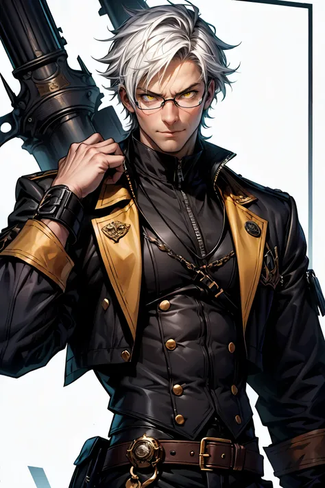 Masterpiece, Score_9, Score_8_up, Score_7_up, Score_6_up, 1male, taller frame, strong, muscular frame, dominant posture, upperbody, solo, detailed eyes, detailed clothes, Dark skin, fluffy white hair, yellow eyes, glasses, villain smirk, looking at viewer,...