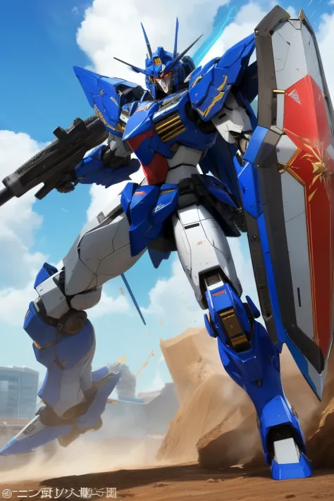 best quality, masterpiece, highly detailed, ultra-detailed,( blue sky:1.1), cloud,  holding in the shape of a drop_weapon, a (((mecha))) with sleek and menacing design, (mecha armor:1.5),Shine ,heroic parts, mechanical parts, ( long legs:1.5), robot joint ...