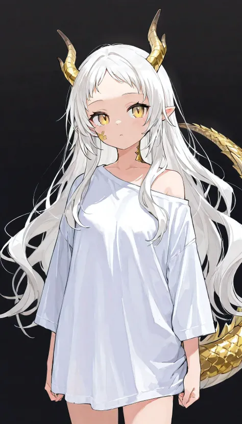 1girl, solo, long hair, white hair, parted bangs, short bangs, forehead, yellow eyes, dragon girl, golden dragon horns, dragon tail, white dragon tail, pointy ears, golden scales on cheek, wearing a white shirt, oversized shirt, bare shoulder, bottomless, ...