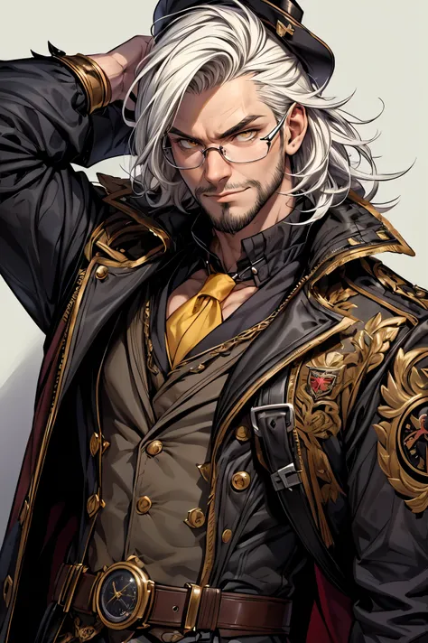 Masterpiece, Score_9, Score_8_up, Score_7_up, Score_6_up, 1male, taller frame, strong, muscular frame, dominant posture, upperbody, solo, detailed eyes, detailed clothes, Dark skin, facial hair, beard, long white hair, yellow eyes, devilish, glasses, villa...