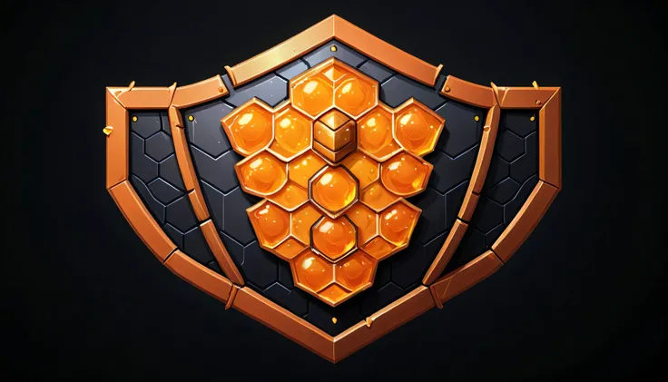  pixel art, Cartoon illustration, hex shield, Honey, Japanese Orange, Simple black background,  game icon  