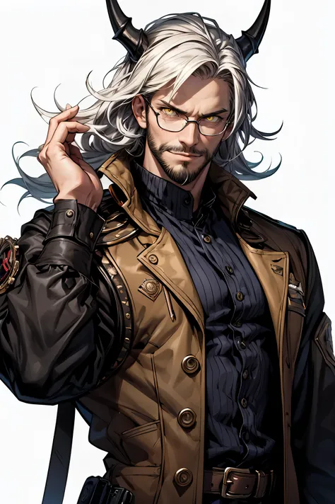 Masterpiece, Score_9, Score_8_up, Score_7_up, Score_6_up, 1male, taller frame, strong, muscular frame, dominant posture, upperbody, solo, detailed eyes, detailed clothes, Dark skin, facial hair, beard, long white hair, yellow eyes, devilish, glasses, villa...