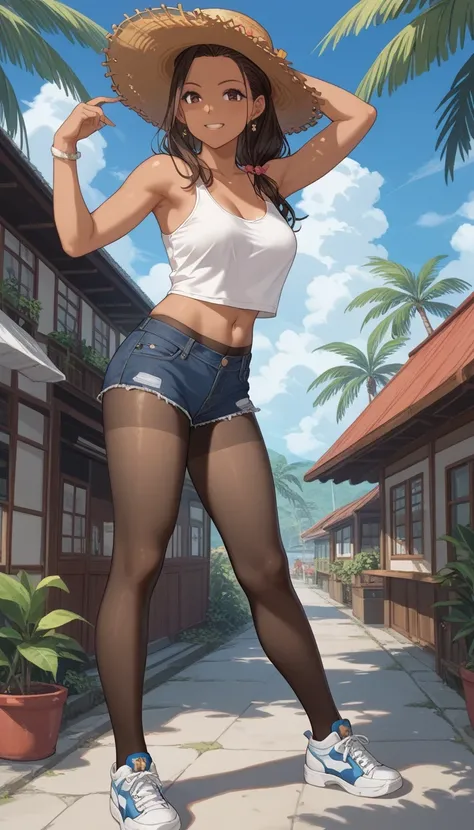 score_9, score_8_up, score_7_up, source_ anime、 one girl、saggy breasts、Okuzumi Yuiko、(( tank top、 is tanned))、 Straw Hat、 denim shorts、 pantyhose 、 sneakers、(Scenery of a tropical country town)、walk