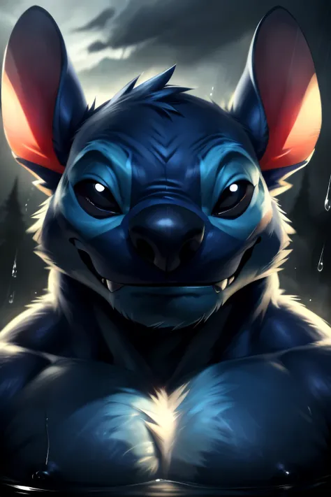 Uploaded on E621, ultra-high detailed, absurd res, RAW photo, (by null-ghost),(by zixiong:1.1),(by takemoto arashi), (by lindong:1.3), (by haps), by jerseydevil, (detailed eyes), detailed irises, (scary), scary, (Stitch:1.3), Stitch, (black eyes), black ey...