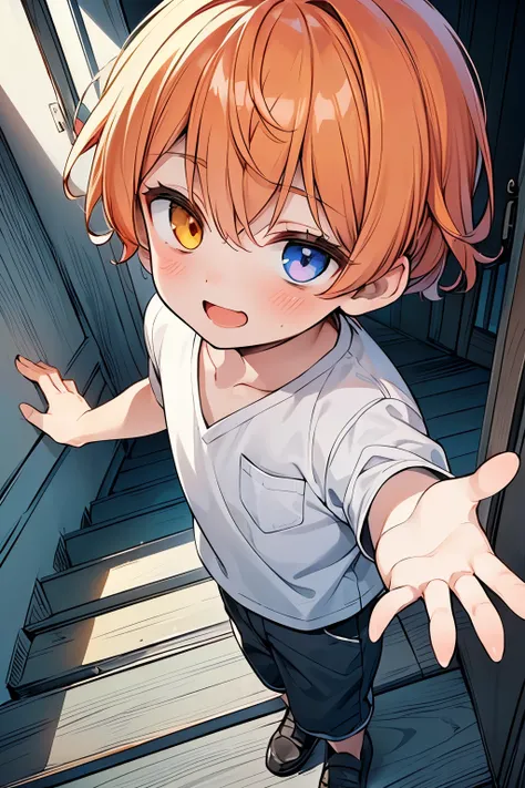 ((boy :1.3)),((handsome:1.2)),(( Adult Men:1.15)),(short hair:1.0),(Karl hair:1.1),(orange hair:1.15),((dark  skin body:1.0)),heterochromia,((looking up:1.0)),((open arms:1.15),((light step:1.1)),((Nihilistic smile:1.0)),( ecstatic expression:1.25),(lookin...