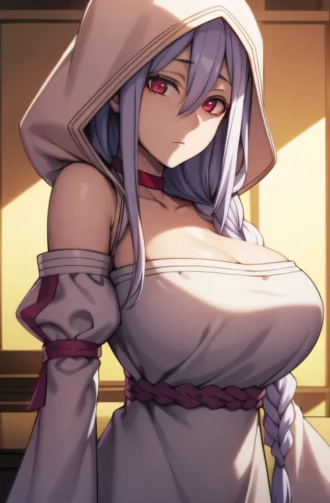 ç½ç»,1girl,expressionless,long braid,hair over shoulder,colored eyelashes,red eyes,
ç½,white hood,hood up,red choker,bare shoulders,cleavage,big breast, big heart, first-rate breast, white dress,detached sleeves,long sleeves,wide sleeves, adult,Beautifu...