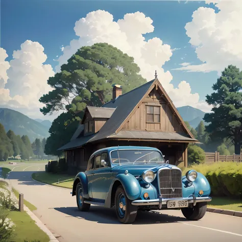 there is a blue car that is driving down the street, kodakchrome : : 8 k, highly detailed hyper real retro, octane renderer”, classic car, retro 5 0 s style, in style of mike savad”, by John La Gatta, vintage car, classic cars, old cgi 3 d rendered bryce 3...