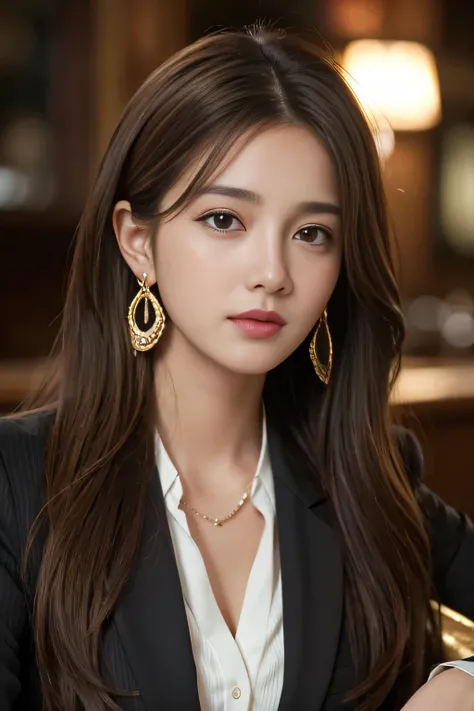 masterpiece, Highest quality, Realistic, Very detailed, Finer details, High resolution, 8k wallpaper, One beautiful woman, Wear a nice suit, In a nice pub, At night, Light brown messy hair, Perfect dynamic composition, Beautiful and beautiful eyes、Big earr...