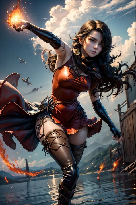 (masterpiece, best quality:1.2), cowboy shot, solo, 1girl, cinder fall, looking at viewer, long hair, red dress, elbow gloves, pantyhose, dynamic pose, flying, holding flames, high in the sky, blue sky, clouds, (volumetric lighting), sharp focus, hyper det...