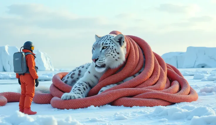 **Prompt:**  
"A surreal scene in the Arctic: an ancient, majestic white snow leopard with a body composed entirely of millions of writhing, intertwined red and orange snakes, each covered in intricate scale patterns. The snow leopard appears aged, with a ...