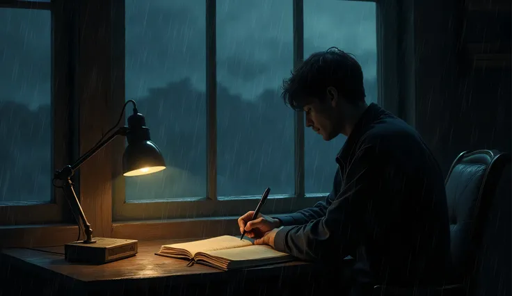 An intimate shot of a weathered journal and an antique pen resting on a wooden desk. Outside the window, a torrential downpour paints the night in dark hues, and the faint silhouette of a person writing under soft lamplight adds an air of mystery and resol...