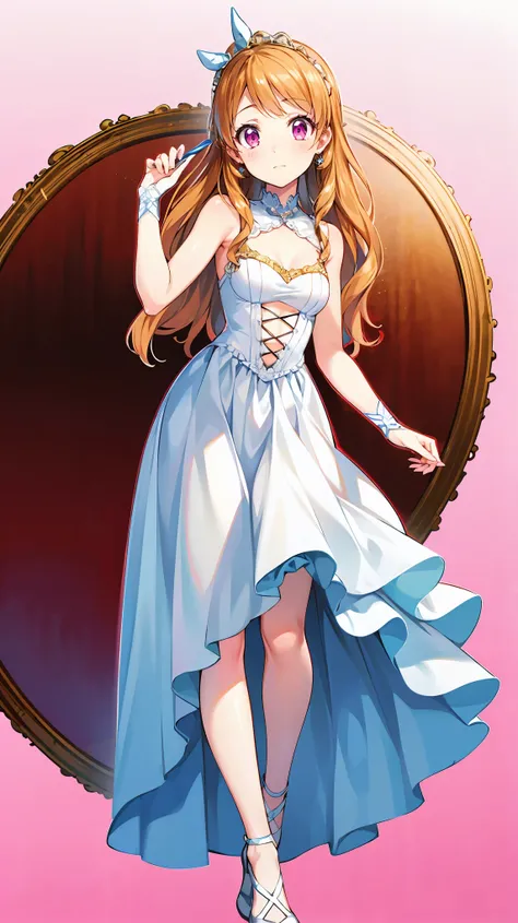 realistic,photorealistic,8k,highres,extremely detailed,ultra-detailed,best quality,masterpiece,1girl,cosplay,Cinderella,white dress,glass slippers,orange long hair,pink eyes,white background