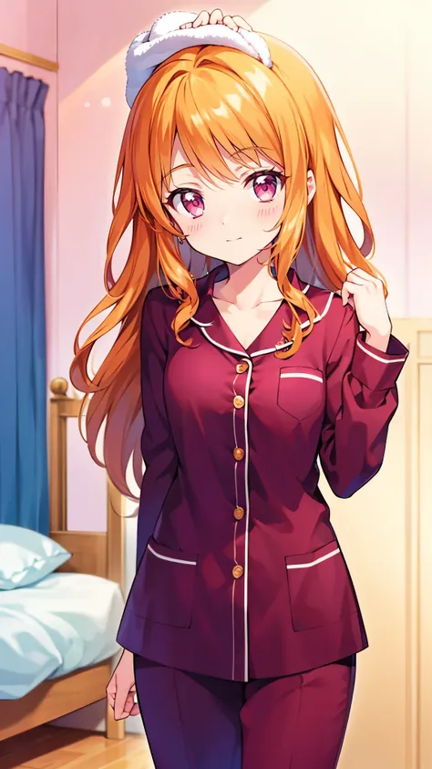  Masterpiece,  top quality,  super detailed,  in detail,  high res,   8k Wallpaper,  the background is white ，1 person， pajamas，She's patting me on the head in her room。， orange hair， pink eye，