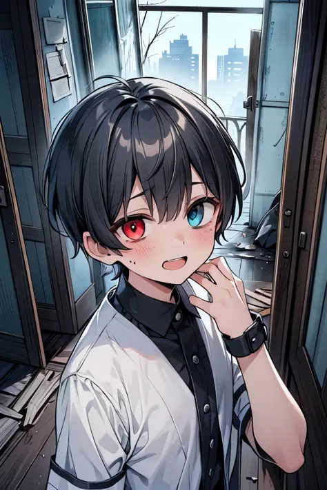 ((boy :1.3)),((handsome:1.2)),((大人の male達:1.15)),(( male:1.3)),(short hair:1.0),(black hair:1.15),((dark  skin body:1.0)), heterochromia ,((looking up:1.0)),((hand to own mouth:1.15)),((Nihilistic smile:1.0)),( ecstatic expression:1.25),((wrist cut:1.25)),...