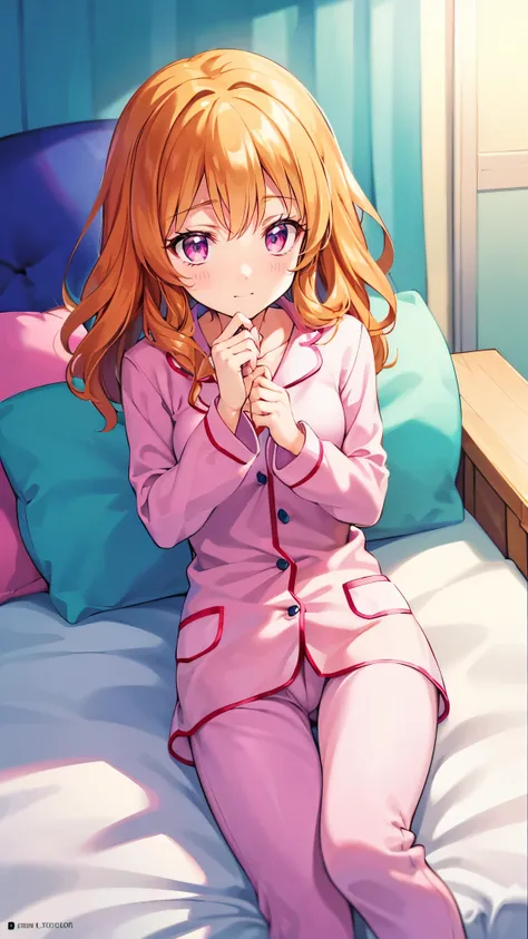  Masterpiece,  top quality,  super detailed,  in detail,  high res,   8k Wallpaper,  the background is white ，1 person， pajamas，room，While lying down， I'm waiting with excitement for him to come， orange hair， pink eye，２０age