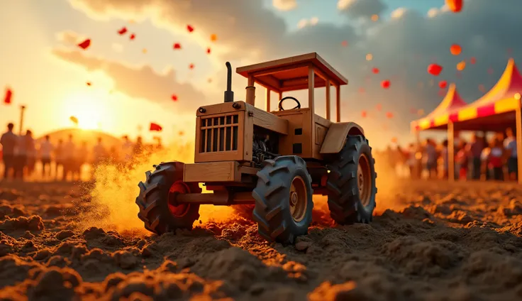 "A dynamic action-packed scene featuring a wooden Mini tractor mid-pull, kicking up dirt and smoke. Bright, bold text overlay reads 'Pichi Tractor Exhibition' in fiery red and yellow colors. The atmosphere is intense, with a cheering crowd in the distance ...