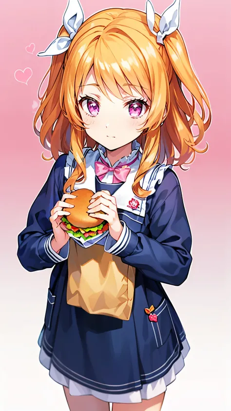  Masterpiece,  top quality,  super detailed,  in detail,  high res,   8k Wallpaper,  the background is white ，1 person，girl selling hamburgers， orange hair， pink eye，２０age