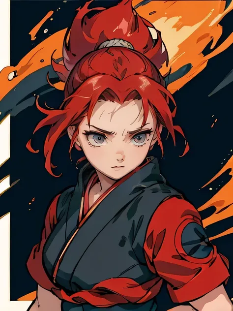 1woman, solo, (masterpiece), best quality, ultra-detailed, Kumogakure, Retro style, fashion cloth, fancy. ninja, angry, atack, red hair, lightning