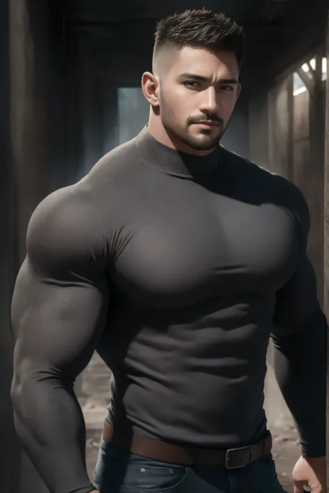 两个 Muscular男人深情拥抱着,   VERY STRONG ，Flat head，Ruins in an abandoned city in the open air, 他背靠着脏污的墙壁， wearing a high-neck gray denim textured long sleeve tight t-shirt , Dirty body ，He has a sad expression， Lift your chin,  messy hair ,   thick thighs  , Hig...