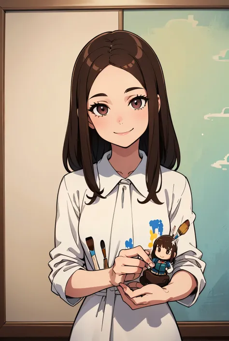 A woman with long, straight brown hair split in half. Wearing a white blouse and smiling delicately. In her right hand she holds a small paint brush and in her left hand she holds a miniature doll