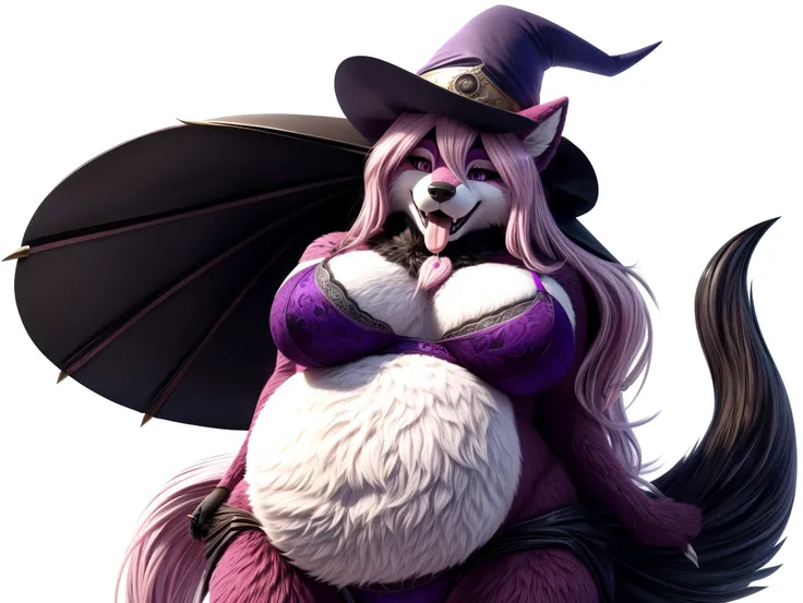 fursuit, light pink wolf, female focus, big belly, fat body, big tits, pink long hair, pink eyes, dark pink bra, dark pink underwear, dark pink witch hat, fantasy style, sexy pose, white background, open mouth, tongue out, gay, full body, looking down at v...