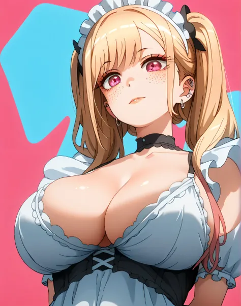 KJOmarin、hair ornaments, twin tails, Erotic, multicolored hair, blonde hair, long hair, magenta eyes, ear piercing, earrings, pink nails, makeup, ((sexy maid lingerie)), masterpiece, Highest quality、freckles、high school girl、Slender、Slender body、cleavage, ...