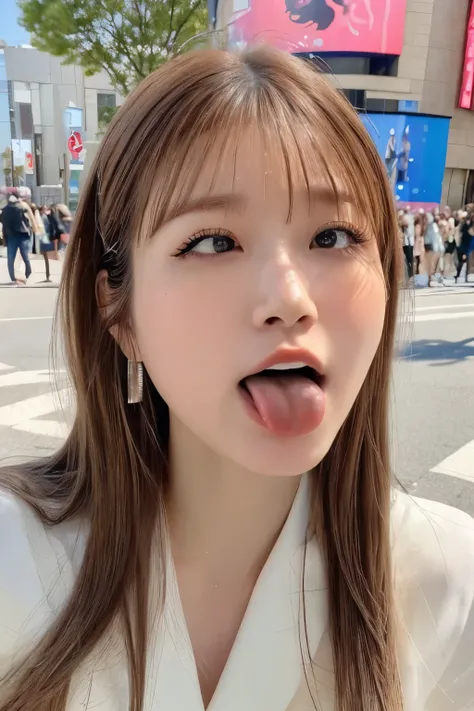 one woman, Korean idol, (She opens her mouth so wide you can see her throat:1.6),screaming, shouting, she is sitting on the ground, she looks up at the sky, (POV:1.2), composition looking down on her, Composition of the camera shooting from above, Surround...