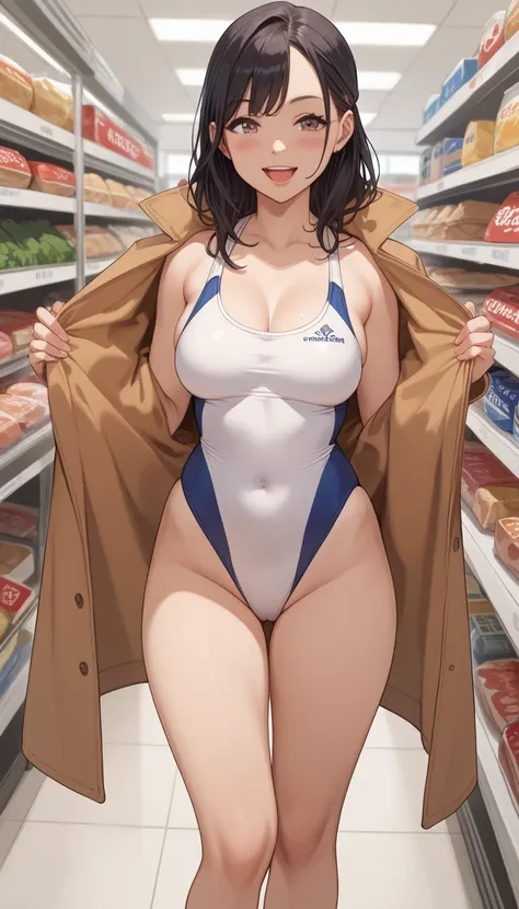  score_9,  score_8_up,  score_7_up,  source_ anime、 one girl、saggy breasts、 dark hair、Okuzumi Yuiko、 open your mouth and smile、 blushes、 competitive swimsuit、Unfold your long coat、 sneakers、( supermarket)、 Standing Sexy Pose