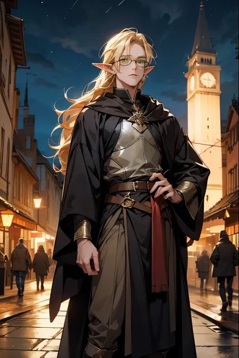 Male elf, long blonde hair, with round glasses, green eyes, adventurer, black robe, mage, fantasy, night, medieval city, traveler, femboy