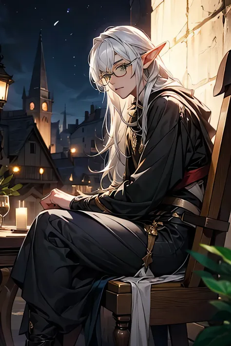 Male elf, long white hair, with round glasses, green eyes, adventurer, black mage fantasy outfit, fantasy, night, medieval village, traveler, femboy, one person, sitting