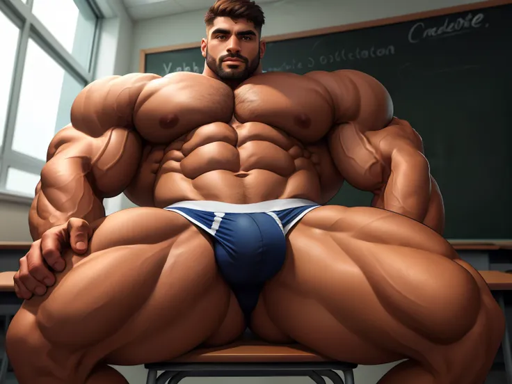 A young school boy touching  perfect big huge bulge in underwear of 50 years old dark chocolate skin color tall handsome indian teacher with huge wide muscular rude rugged agressive daddy man  by his hands, in classroom, masterpiece, hd, HDR, depth of fiel...