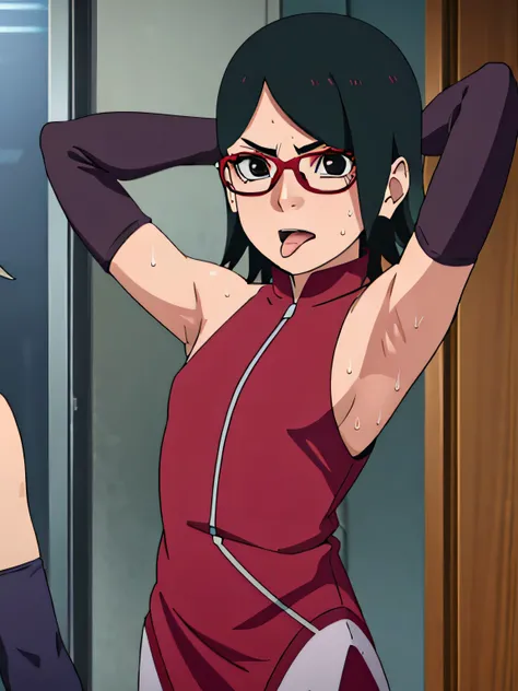 Sarada Uchiha,human woman with fair skin. She is a r with black eyes and red clothing. Her hair is black in color; She is beautiful.Wearing red rimmed glasses.Tsundere face. Pink eye shading,mature appearance,armpits,sweat,sweaty,sweaty armpits,arms up,s...