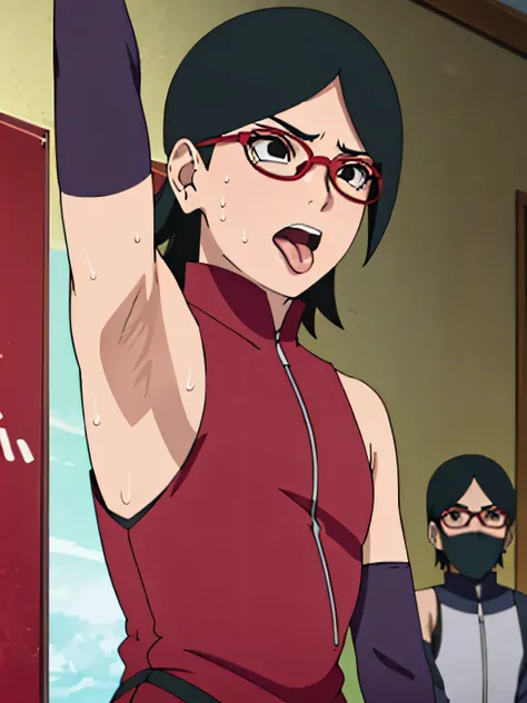 Sarada Uchiha,human woman with fair skin. She is a r with black eyes and red clothing. Her hair is black in color; She is beautiful.Wearing red rimmed glasses.Tsundere face. Pink eye shading,mature appearance,armpits,sweat,sweaty,sweaty armpits,arms up,s...