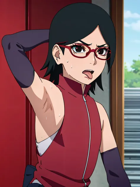 Sarada Uchiha,human woman with fair skin. She is a r with black eyes and red clothing. Her hair is black in color; She is beautiful.Wearing red rimmed glasses.Tsundere face. Pink eye shading,mature appearance,armpits,sweat,sweaty,sweaty armpits,arms up,s...