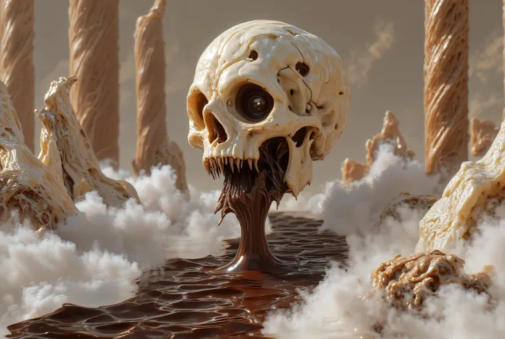 A creepy scary skull as a delicious candy delight floating above a chocolate river, white-coconut shavings around gooey peanut-butter, cotton-candy vanilla-skies candy-mountains and licorice-trees semi-realistic animation