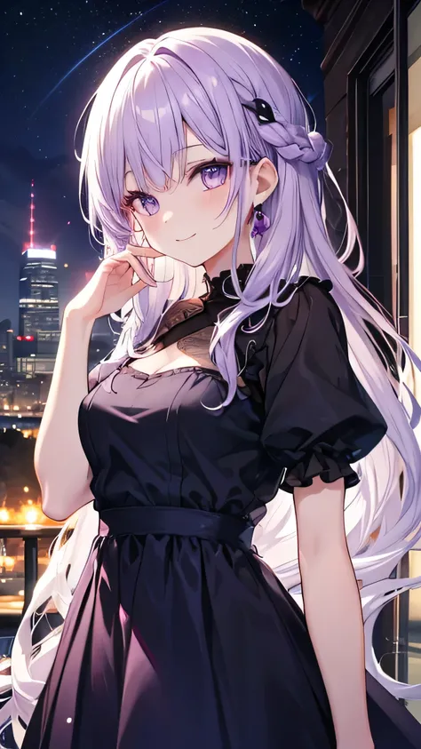  purple eyes。 light purple hair with hair tips。Mature beauty。1 person。 long hair。 Smiling。beautiful purple dress。 night view。I&#39;m on the balcony。I have a champagne glass。