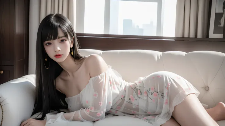 ( girl lying on office sofa ))、、High technical level:1.1 Photo Real 、 natural light:1。5、 light effect(バーチャル light effect:1.8)、((Straight Bang、 princess bang ))、hime cut、 Straight Bangs 、 round ugly bangs 、 ugly long bangs 、 Straight Bangs 、(Famous Painting...