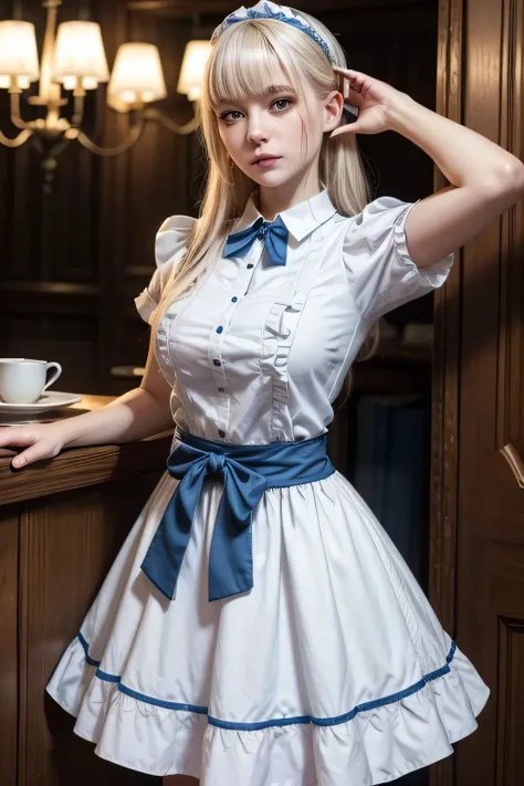 all intricate details, masterpiece, sharp focus, 1 girl view, perfect body:  "Maid 1 - "Lumina"
Apariencia:
Personalidad:
Habilidades:
Maid 1 - "Lumina"

Appearance:

    Age: 18 years
    Height: 165 cm
    Hair: Platinum blonde, short with a straight ban...