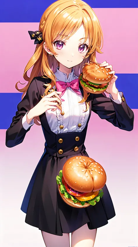  Masterpiece,  top quality,  super detailed,  in detail,  high res,   8k Wallpaper,  the background is white ，1 person，Girl eating hamburger， orange hair， pink eye，２０age， perfect hands，I have a hamburger in my hand