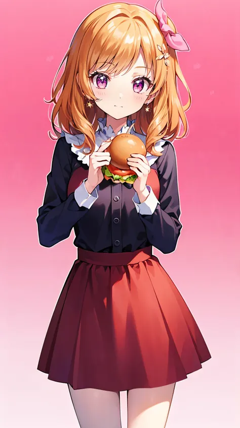  Masterpiece,  top quality,  super detailed,  in detail,  high res,   8k Wallpaper,  the background is white ，1 person，Girl eating hamburger， orange hair， pink eye，２０age， perfect hands，I have a hamburger in my hand