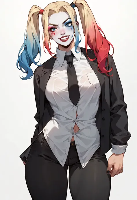 score_9,score_8_up,score_7_up,masterpiece,best quality,perfect light,harley quinn, big boobs,standing, wearing a black suit, white shirt and black tie,big thighs, white background, black pants, unbuttoned shirt